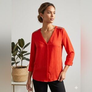 H&M Womens Red V-Neck Blouse with Embellished Shoulders